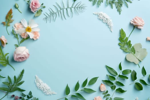 Banner: Flowers composition. Frame made of flowers on blue background. Flat lay, top view, copy space