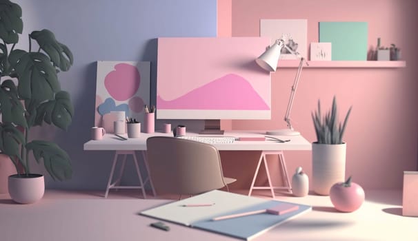 Banner: Interior of modern office with pink and blue colors, 3D rendering