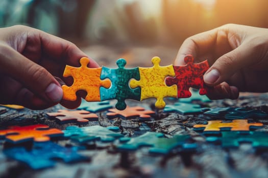 A person holding a puzzle piece with another person holding a puzzle piece. The puzzle pieces are in different colors and the image conveys a sense of teamwork and collaboration