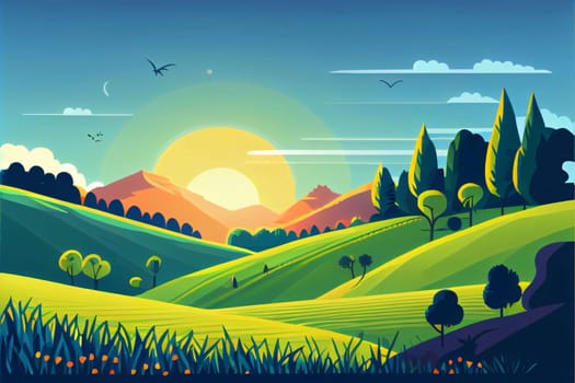 Banner: Landscape with hills, fields, trees and sunset. Vector illustration