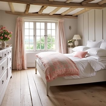 Cottage bedroom decor, interior design and holiday rental, bed with elegant bedding linen and antique furniture, English country house and farmhouse style idea