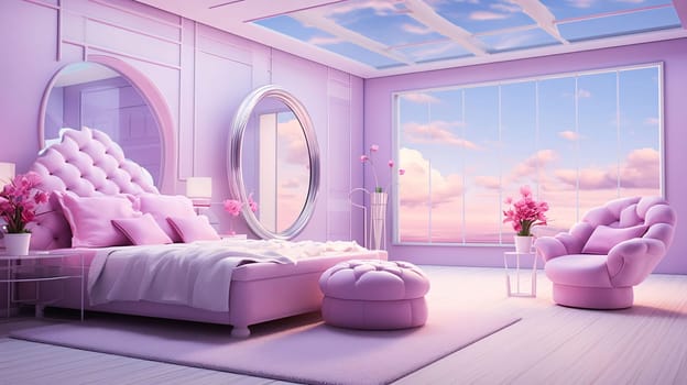 Banner: 3d render of pink modern bedroom interior with big mirror and pink armchair