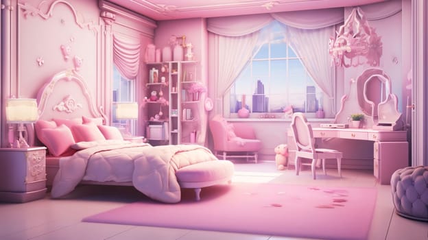 Banner: 3d render of a pink bedroom with a big window on the background