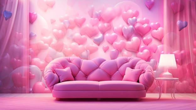 Banner: Pink sofa in the living room with hearts. 3D rendering.