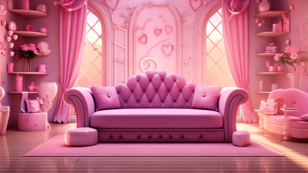 Banner: Pink Sofa in a room with pink walls, 3d rendering