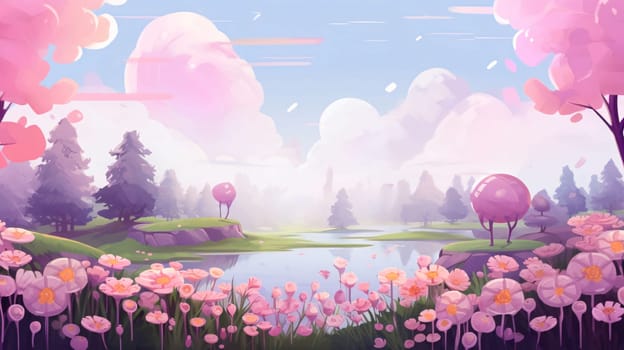 Banner: Fantasy landscape with lake and pink flowers. 3D illustration.