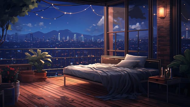 Banner: 3d render of a bedroom with a view of the city at night
