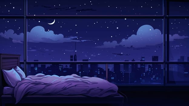 Banner: Illustration of a bed in a hotel room at night with a view of the city