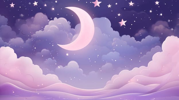 Banner: Night sky background with clouds and crescent moon. Vector illustration.