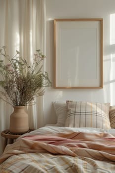 A bed with a vase of flowers on a wooden table. The bed is covered in a striped comforter and pillows