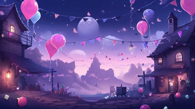 Banner: Fantasy landscape with a haunted house and balloons. Vector illustration.