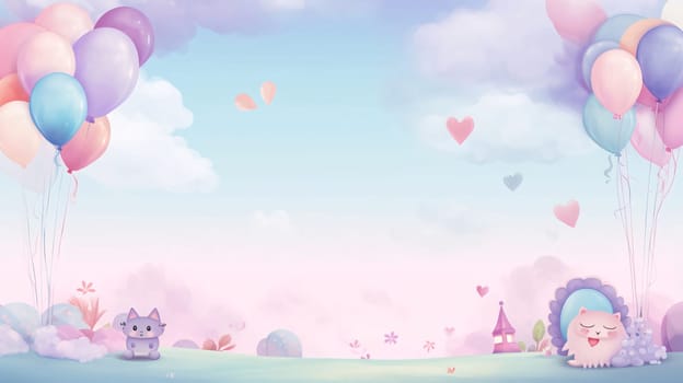 Banner: Valentine's Day background with cute animals and balloons. Vector illustration.
