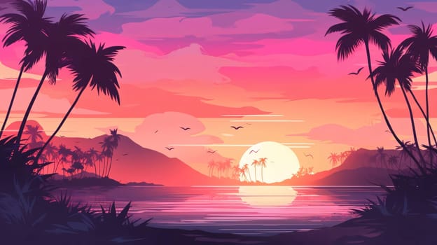 Banner: Tropical sunset background with palm trees and sea. Vector illustration.