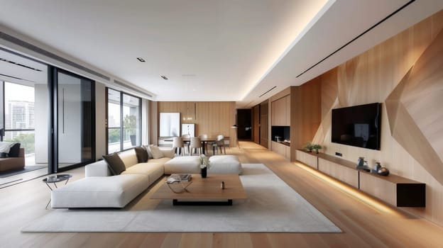 A large, modern living room with a white couch, a coffee table, and a TV. The room has a minimalist design and a clean, open feel