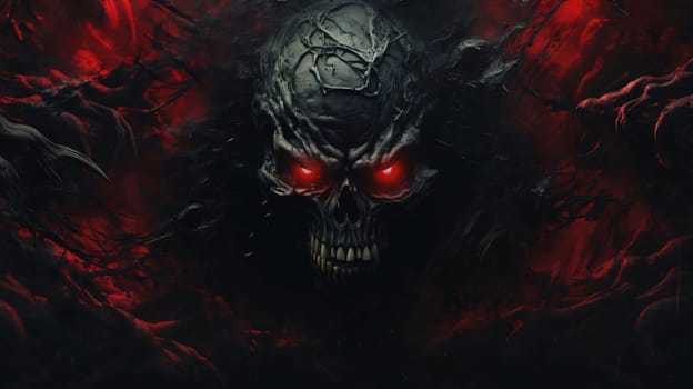 Banner: Creepy black skull with red eyes and blood on a dark background