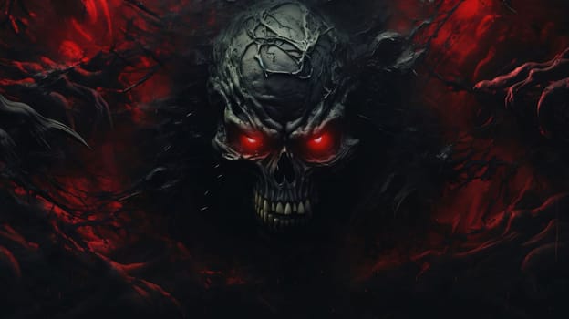 Banner: Creepy black skull with red eyes and blood on a dark background