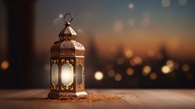 Banner: Ramadan Kareem greeting card. Arabic lantern with golden bokeh background