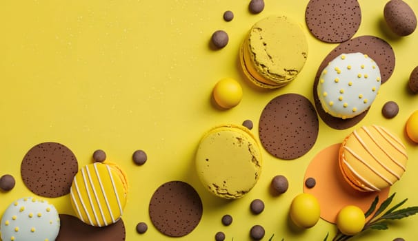 Banner: Colorful macarons and chocolate eggs on yellow background, top view
