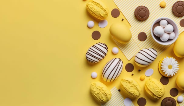 Banner: Colorful Easter eggs, macaroons, chocolate and marshmallows on yellow background