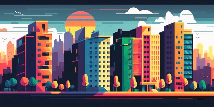 Banner: City landscape at sunset. Vector illustration in flat cartoon style. Cityscape with skyscrapers