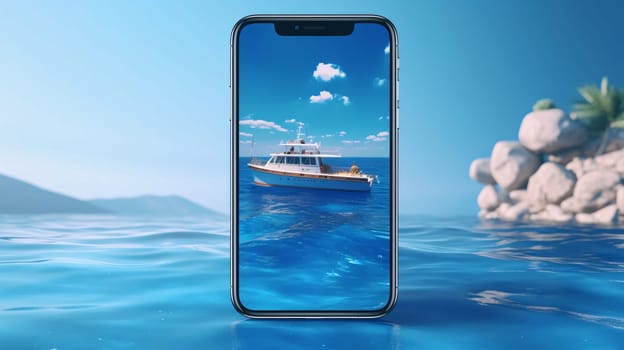 Banner: Mobile phone with blue sea and boat on the screen. 3d rendering