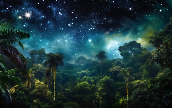 Banner: The beauty of the night sky with stars and galaxies in the tropical forest.
