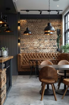 A restaurant with a brick wall and wooden tables