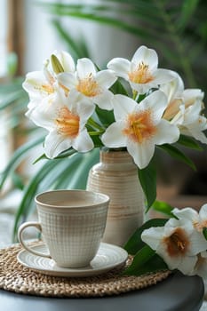 A white flowers are in a vase next to a cup of coffee