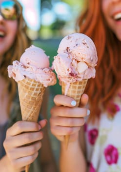 Two people enjoying ice cream cones on a sunny day