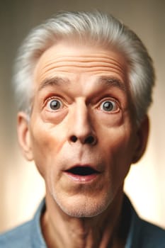 vertical portrait of a surprised elderly Caucasian man with wide open eyes and mouth.