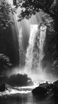 A black and white capture of a powerful waterfall, with rays of light creating a dramatic contrast against the dark rocks and mist