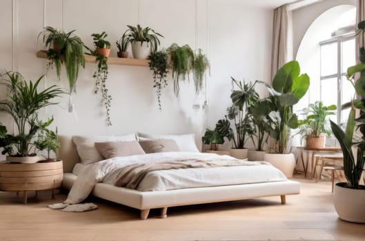 Comfortable ambiance in a home garden, bedroom in white and wooden design. Close-up: bed, stylish parquet, and a wealth of indoor plants. Interior with urban jungle elements. Biophilia concept