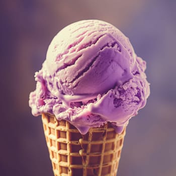 Close up of a single scoop of purple ice cream in a cone.