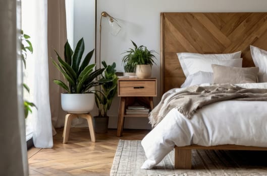 Peaceful setting in a home garden, bedroom in white-wood style. Close-up on bed, wooden parquet, and abundance of greenery. Interior design inspired by urban jungles. Biophilia concept