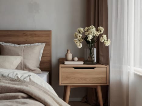 A cozy nightstand with a stylish lamp and fresh flowers, adding charm to the bedroom. Minimalist Scandinavian home interior design