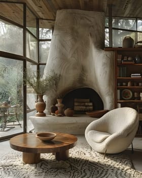 A cozy living room with hardwood flooring, a fireplace, chair, coffee table, and bookshelf. The interior design features wood elements and a view through a window