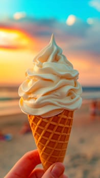 A single scoop of vanilla ice cream on a waffle cone on beach