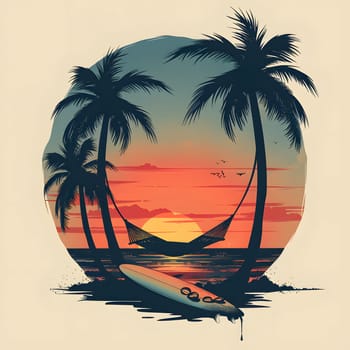 A picturesque scene of a sunset with palm trees, a hammock, and a surfboard set against the vivid hues of the afterglow sky. The perfect blend of nature and art