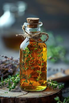 A bottle of herb oil with a cork stopper and a bunch of herbs on top of it