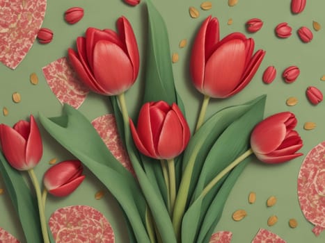 Beautiful red tulips in craft paper on green pastel background with copy space, spring time, mother's day.