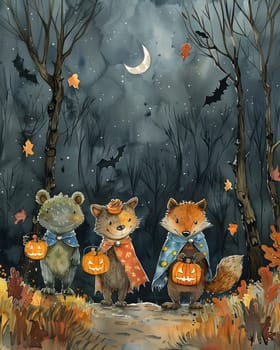 A painting depicting three animals holding pumpkins in a snowy forest, capturing a whimsical and enchanting scene of nature and wildlife