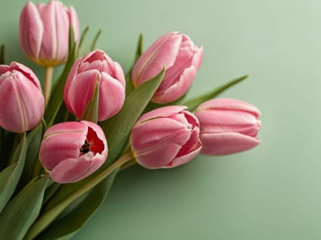 Beautiful pink tulips in craft paper on green pastel background with copy space, spring time, mother's day