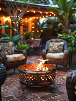 A fire pit is lit in a backyard with a couch and a table. The fire is surrounded by potted plants and a few chairs. Scene is cozy and inviting, perfect for relaxing and enjoying the outdoors