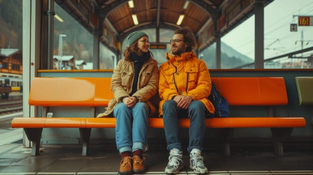 A man and a woman are sitting on an orange bench. The man is wearing a yellow jacket and the woman is wearing a brown jacket. They are smiling at each other