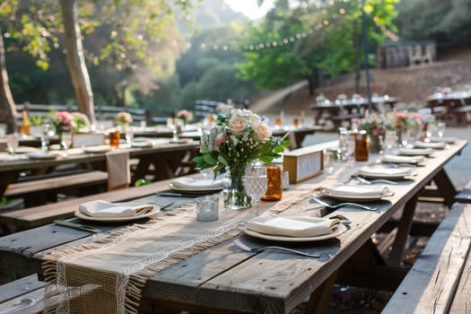 A rustic outdoor wedding reception with a long table set with white plates, wine glasses, and silverware. The table is surrounded by potted plants and flowers, creating a warm and inviting atmosphere