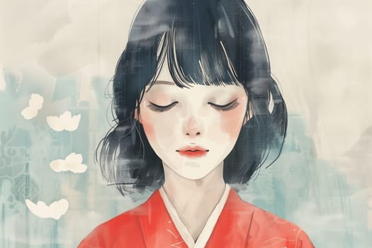 Watercolor poster with young Japanese woman ai generated image