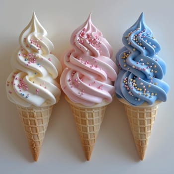 Variety of ice cream flavors in cones with toppings