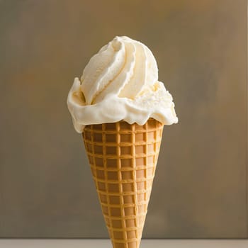 A single scoop of vanilla ice cream on a waffle cone.