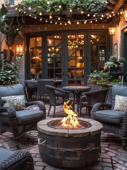 A fire pit is lit in a backyard with a couch and a table. The fire is surrounded by potted plants and a few chairs. Scene is cozy and inviting, perfect for relaxing and enjoying the outdoors