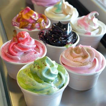 Assorted colorful soft serve ice creams in cups